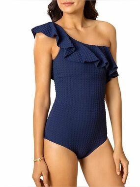 Shoshanna Ruffle One Shoulder navy one piece bathing suit Swimsuit size 12 NWT